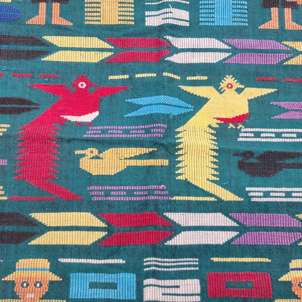 Vintage Handwoven Guatemalan Tapestry Teal Mayan Folk Art Bird Textile 60x30